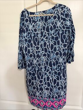 Navy Blue Floral Chain-Print Shift Dress with Pink Border